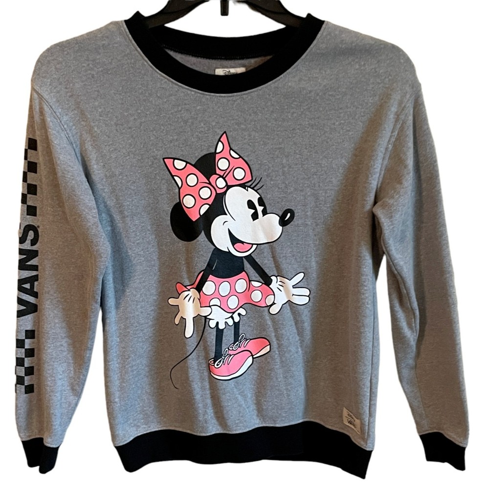 Disney Vans Spellout Minnie Womens Long Sleeve Sweatshirt SZ XS Gray Black Pink